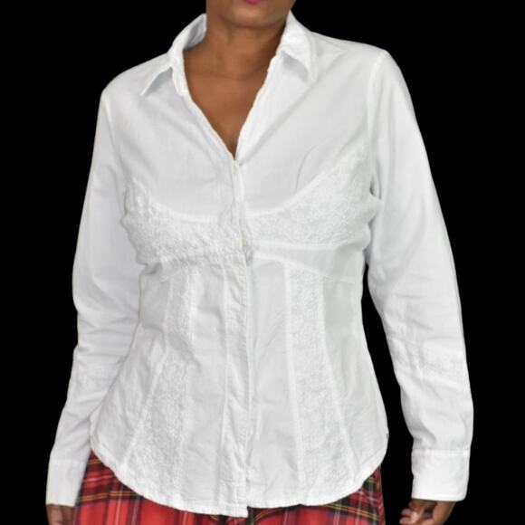 Toque de Algodon White Cotton Poplin Shirt Corset Seaming Crinkled Plus Size XXL - Picture 8 of 13